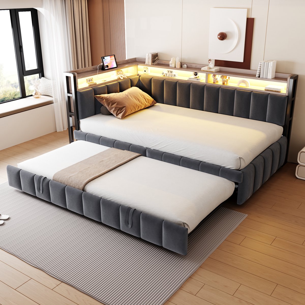 Pugsdrly Gestoffeerde slaapbank 90 x 200 cm met uitschuifbaar bed, ledverlichting en opbergvakken aan het hoofd- en voeteneinde van het bed, uitgerust met USB- en Type-C-poorten. Eenpersoonsslaapbank, donkergrijze fluwelen stof