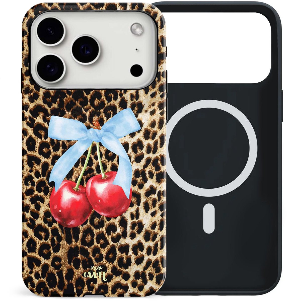 xoxo Wildhearts siliconen hoesje geschikt voor iPhone 17 Pro Max MagSafe hoesje - Cherry Wild - Magnetisch telefoonhoesje - Magneet case - Backcover met dubbele bescherming - Tijgerprint / Luipaardprint - Kers print - Kersen Panterprint