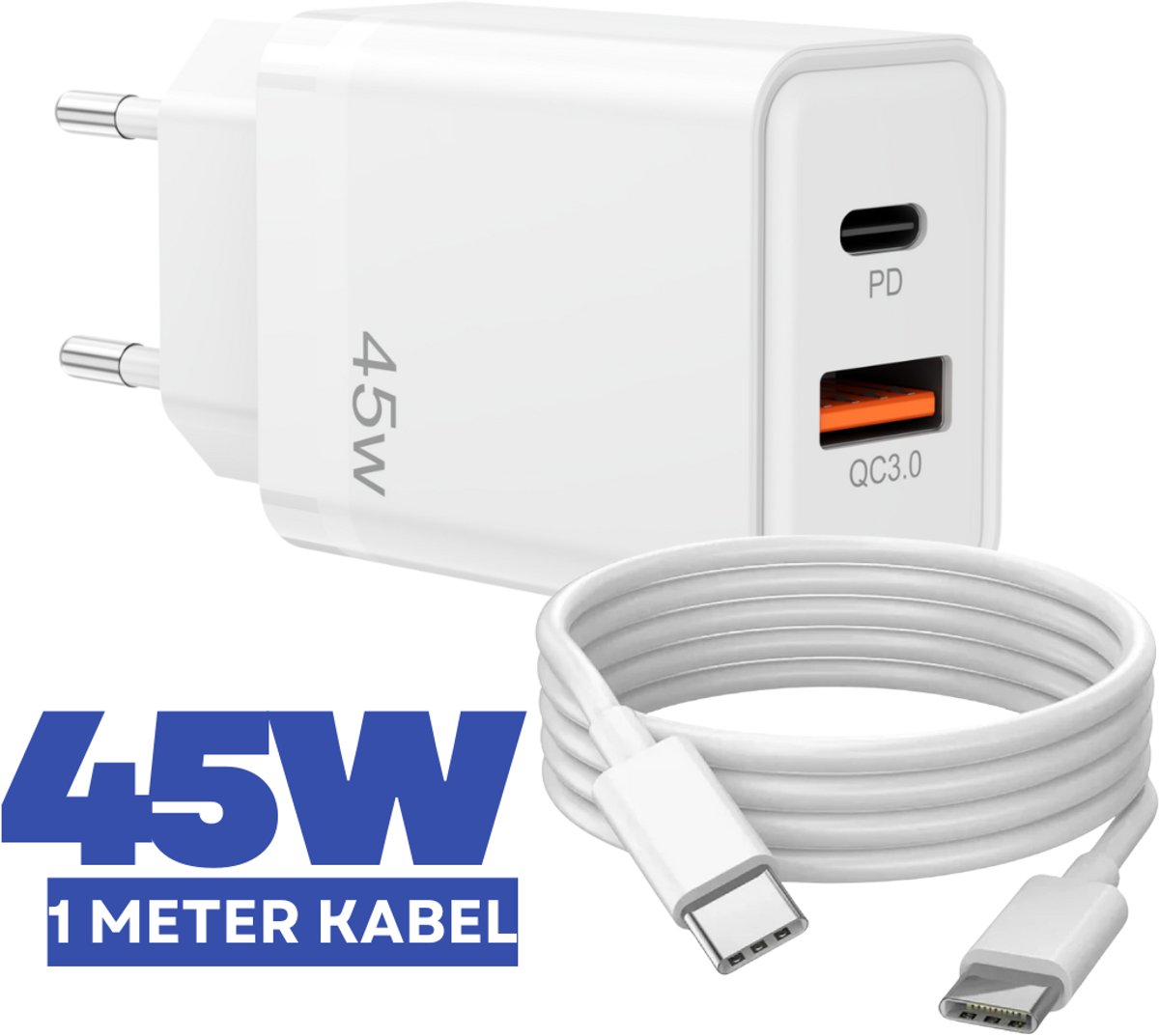 45W Dual Snellader - 1 Meter USB-C Kabel - Power Adapter USB C PD met 2 Poorten - Geschikt voor Smartphone en Tablet