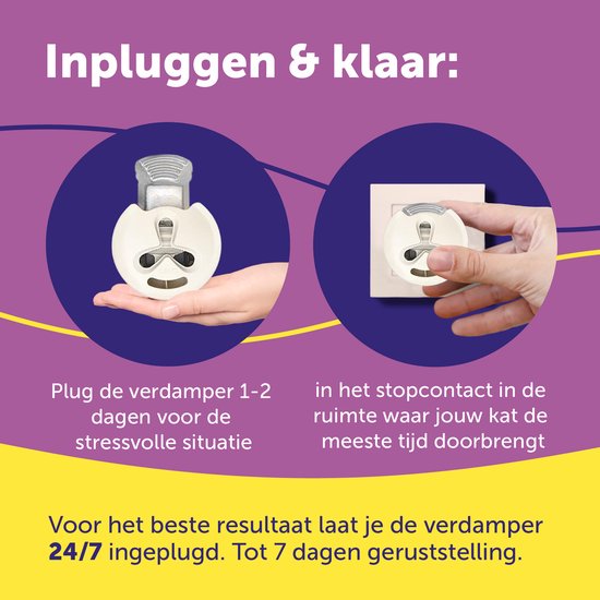 Illustratie van FELIWAY Help! diffuser die in een stopcontact wordt gestoken. "Inpluggen & klaar:". "7 dagen".