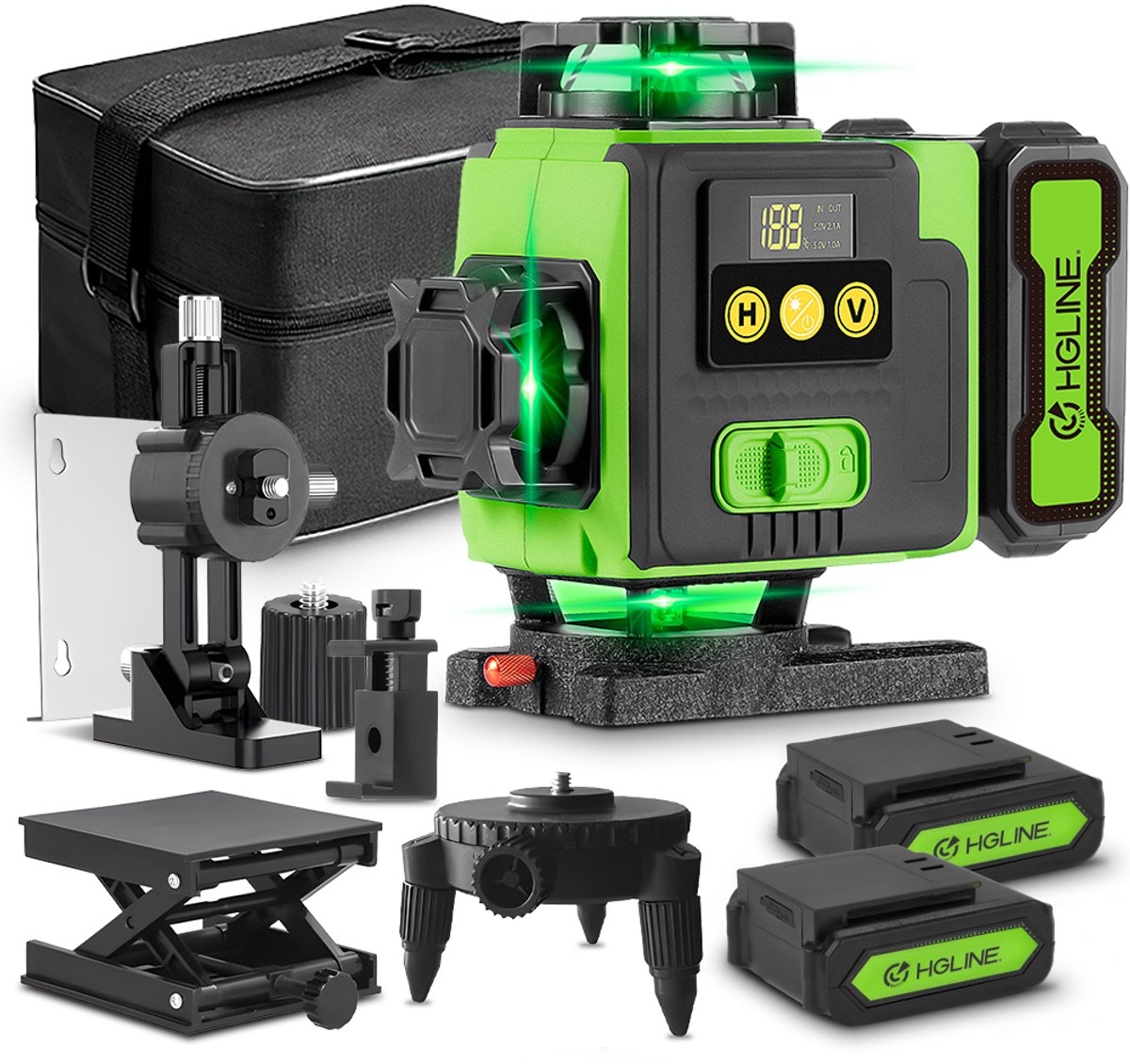 HGLINE kruislijnlaser met 16 lijnen - zelfnivellerende laserwaterpas met 2 accu - 4x360° Horizontale en verticale bouwlaser - IP54 - Professionele Lijnlaser voor Bouw en Klussen