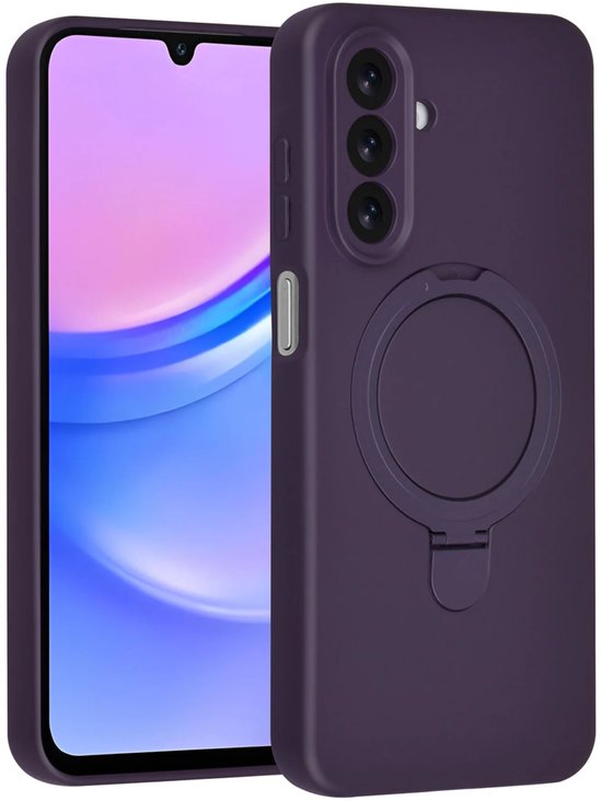 Coque de téléphone violette avec un anneau rotatif au dos. La découpe de la caméra est visible.