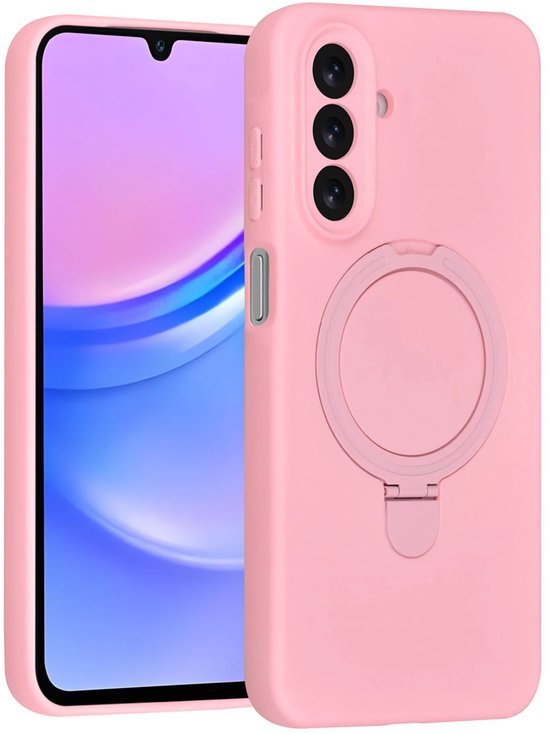 Coque de téléphone rose avec un support bague à l'arrière et un bloc caméra à trois objectifs. Le devant est visible.
