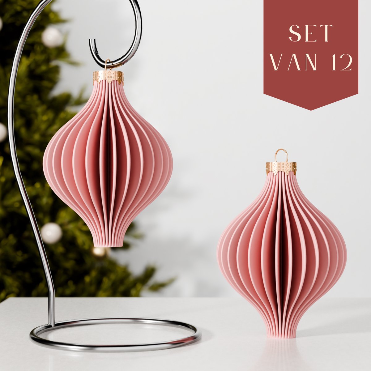 Fleuriek - Luxe kerstballen set van 12 - Roze kerstversiering - Onbreekbare plastic kerstballen met streeppatroon - Feestelijke kerstboomdecoratie met matte afwerking