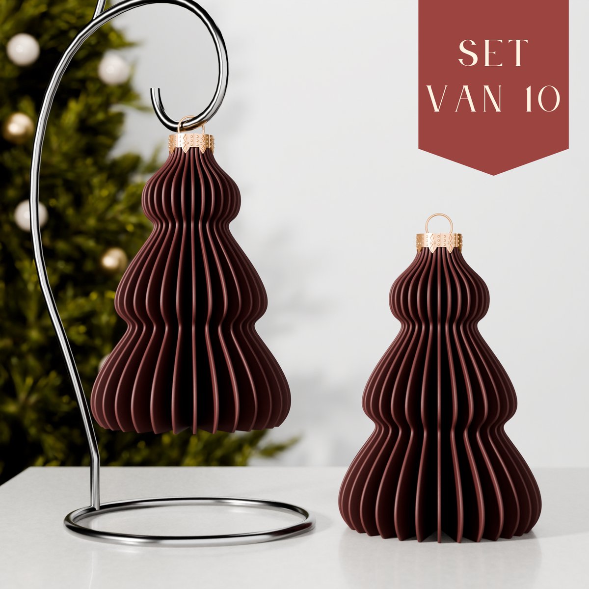 Fleuriek – Luxe kerstbal kerstboom – Rood, 10 stuks – Onbreekbare plastic kerstornamenten – Boomvormige kerstballen, feestelijke kerstdecoratie met matte afwerking