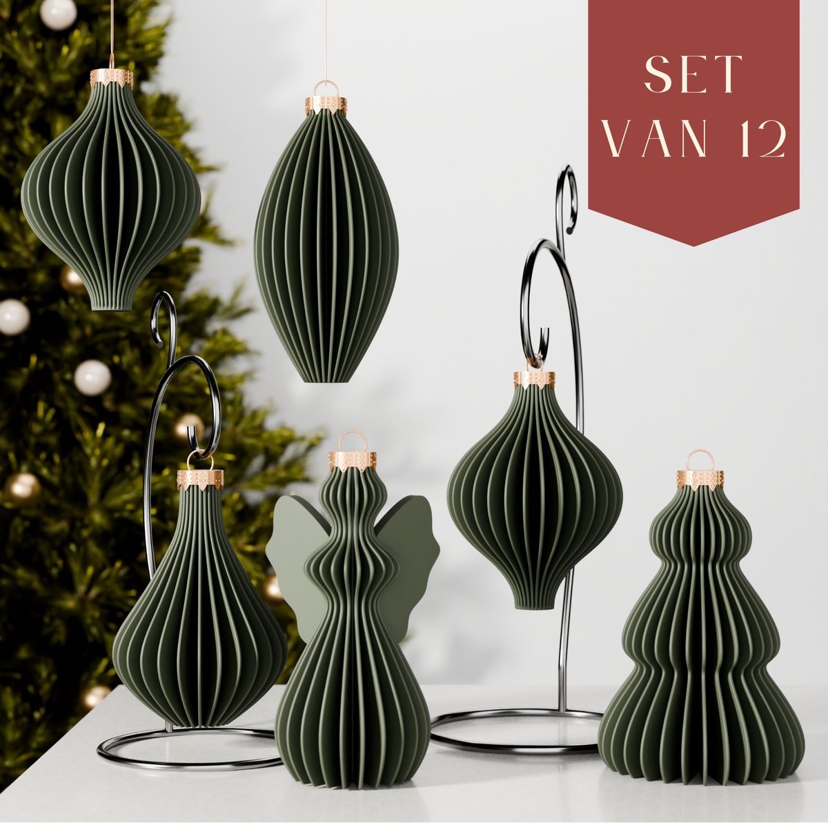 Fleuriek – Luxe kerstballen set van 12 – Groene kerstornamenten – Onbreekbare kunststof kerstballen met matte afwerking – Klassieke kerstboomdecoratie