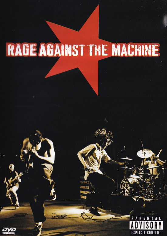 Rage Against The Machine DVD met een rode ster en de tekst 'Rage Against The Machine' verticaal. Twee live optredens van de band.