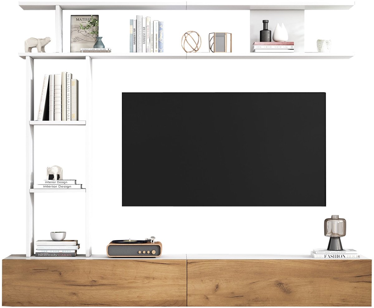 Merax TV-Meubel Set 180 cm – Moderne Woonwand in Wit en Houtkleur met TV-Kast - Wandplank en Staand Rek – Hangend of Staand TV-Meubel voor TV’s tot 80 inch