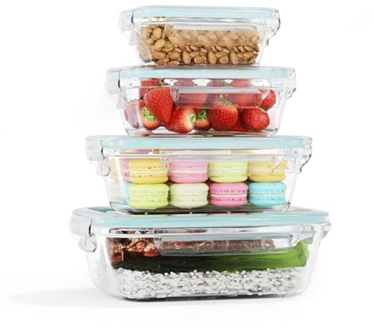 Glazen voedselopslagcontainers, 4-delig, luchtdicht, lekvrij, borosilicaatglas, voor koelkast, vriezer, magnetron