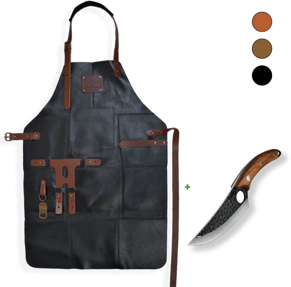 STORX Leren BBQ Schort + Handgemaakt Koksmes – Zwart Echt Leer – 2 Jaar Garantie – Grillset met Slagersmes (27,6 cm) & Luxe Kookschort (81x56 cm) – Stoer Cadeau voor Mannen