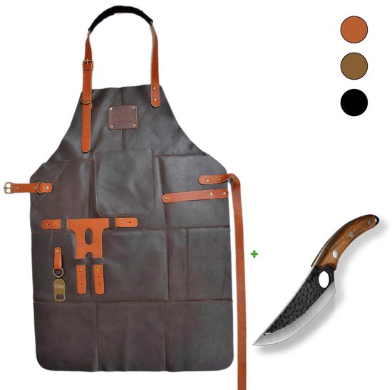 Tablier de BBQ en cuir STORX + couteau de boucher Handgemaakt – Cuir véritable marron foncé – Garantie 2 ans – Ensemble barbecue avec couteau en acier carbone (27,6 cm) et tablier de cuisine de Luxe (81 x 56 cm) – Cadeau idéal pour homme