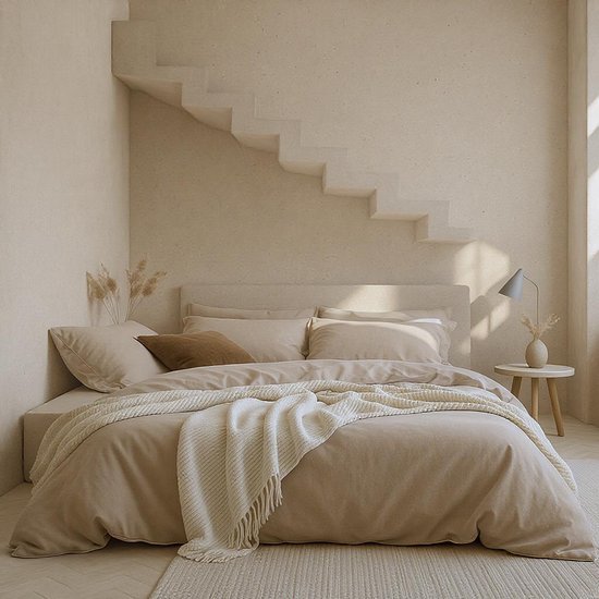 Un lit 1 personne fait avec une parure de lit en lin couleur naturel, une couverture tricotée blanche et un coussin décoratif marron.