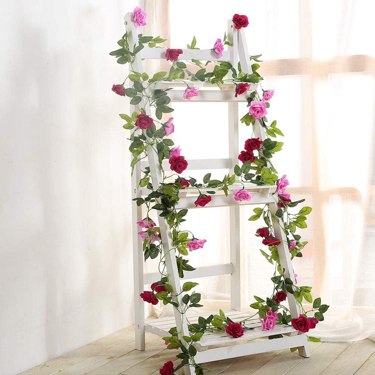 Famanu - 2 stuks 240 cm lange tweekleurige kunstrozenslinger-ranken, hangende zijden bloemen, kunstbloemen voor buiten- en binnen, bruiloft- en muurdecoratie (magenta)