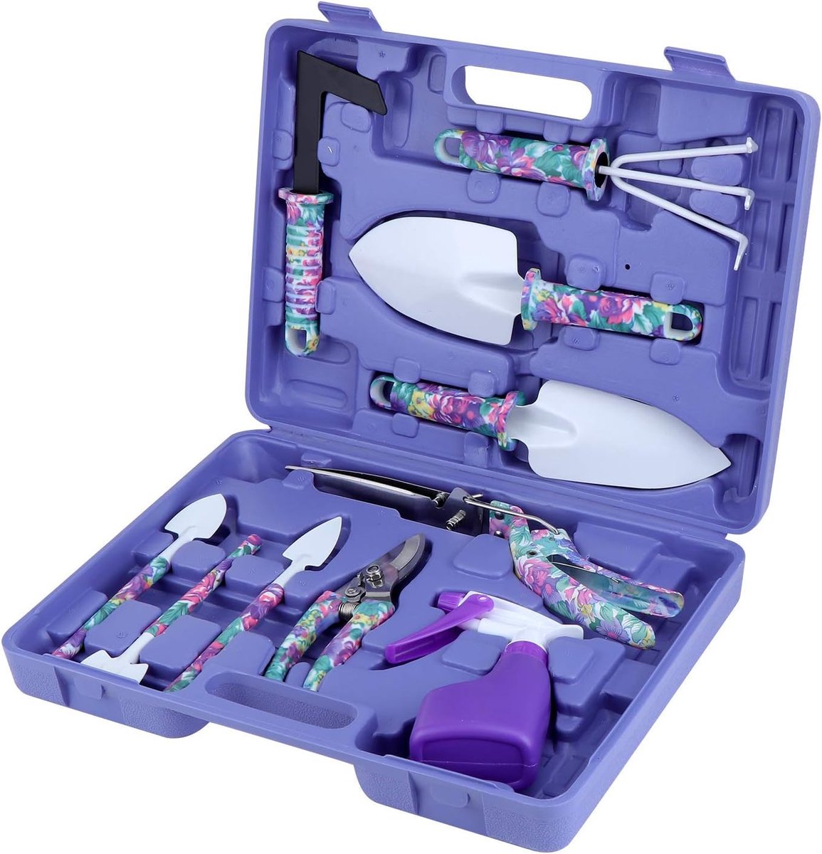 Set van 10 Paarse Bloemenprint Tuingereedschap - Ergonomische Handgreep Schop Spade Riek Lepel Snoeischaar Plantenvernevelaar met Draagtas - Tuin Cadeau