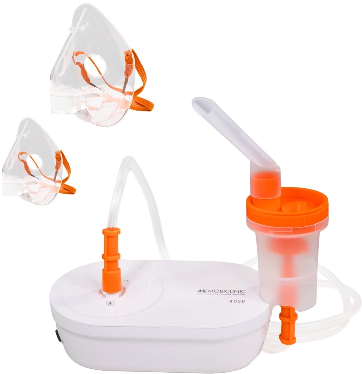Mobiclinic Nebumobi2 - Aerosoltoestel - Vernevelaar- Draagbare vernevelaar op perslucht - Inhalator - Voor Volwassenen & Kinderen - Met maskers en accessoires - Ultrastil - Licht en draagbaar - Compact en minimalistisch ontwerp - Wit en oranje