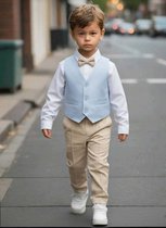 luxe drie delige katoenen set- hemd, broek, vastgenaaide gilet, vlinderdas- linnen/katoenmix-lichtbeige lichtblauw crème-feestoutfit-bruiloft-fotoshoot-verjaardag-doopsel- maat 74