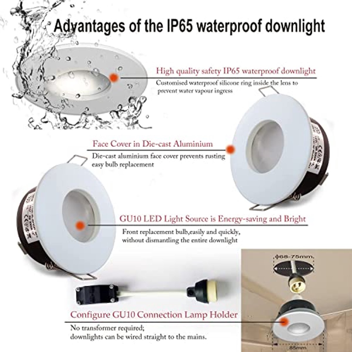 Waterdichte LED Inbouwspots voor Badkamer en Keuken, 5W, 3000K, Set van 4