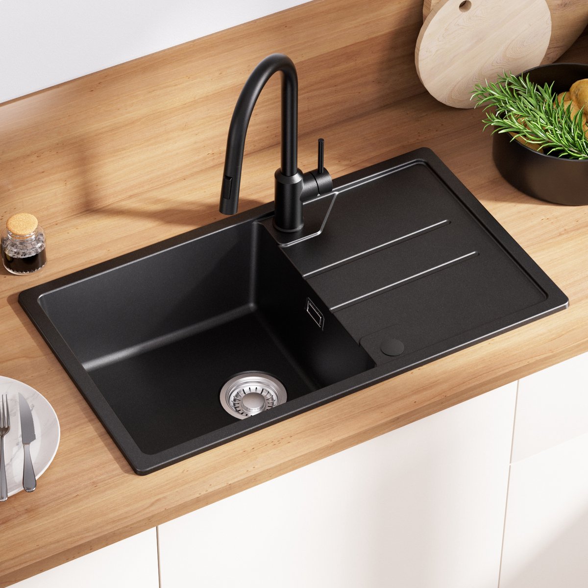 DERW MAX Granieten Spoelbak 78x45CM - Spoelbakken Keuken Antraciet - Spoelbakken Met Planchet en Waterafvoersysteem - Opbouw Spoelbak