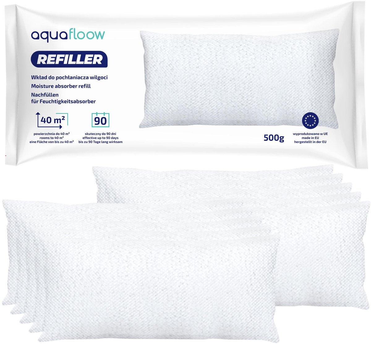 Aquafloow 10x Navulzak Granulaat 500 g, Navulverpakking voor Ruimte Ontvochtiger, voor Rui