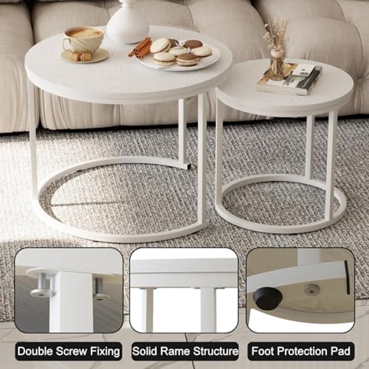 Set van 2 Ronde Bijzettafels - Ruimtebesparende Nesting Tafels voor Woonkamer, Slaapkamer en Kantoor