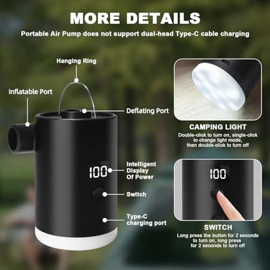 Oplaadbare Mini Elektrische Luchtpomp met 4000 mAh en Campinglamp - Compact, Snel en Draagbaar voor Outdoor Avonturen — afbeelding 4