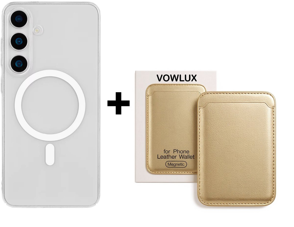 VOWLUX Compatible MagSafe Hoesje voor Samsung Galaxy S24 Plus Transparant – Inclusief Goud Kleur Wallet Pasjeshouder – 24 Magneten – Kunstleer – 3 Kaarten – Shockproof Case