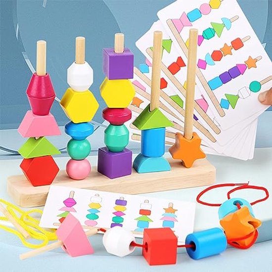 Montessori houten kralen speelgoed voor peuters, houten stapel- en volgordespeelgoedset, rijgkralen met bijpassende vorm en kleuren speelgoed voor kinderen van 2, 3, 4 en 5 jaar oud, jongens en meisjes, leerzaam speelgoed voor kleuters van Merkloos — afbeelding 5