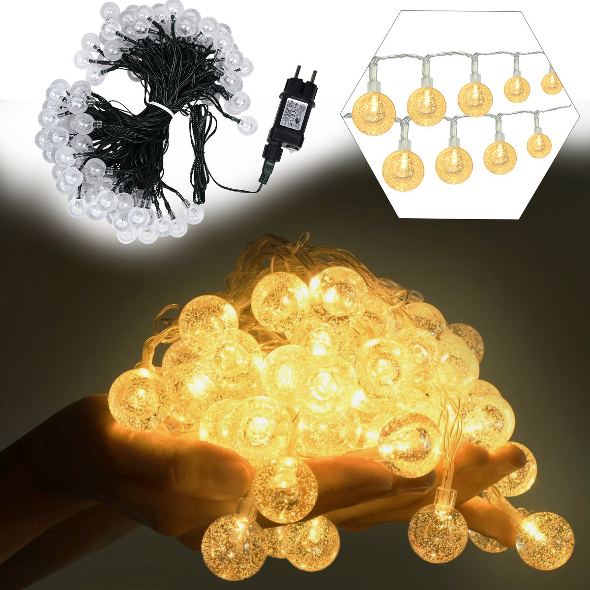 Kugel LED Lichtenketting 20m - 160 LED Kristal Kugels Lichtenkettingen Warmwit Met 8 Modi IP44 Waterdicht Voor Decoratie Kerstmis Bruiloft (Transparante Lijn)