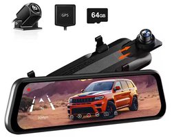 Wolfbox G930 4K Gps 64gb Mirror dashcam - Parkeermodus - 10,0 inch touchscreen Lcd - 4K + Full HD resolutie - Gps ontvanger - 64gb Micro SD kaart - Spiegel dashcam en digitale binnenspiegel