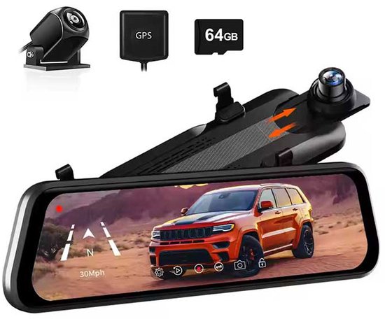 Wolfbox G930 4K Gps 64gb Mirror dashcam - Parkeermodus - 10,0 inch touchscreen Lcd - 4K + Full HD resolutie - Gps ontvanger - 64gb Micro SD kaart - Spiegel dashcam en digitale binnenspiegel