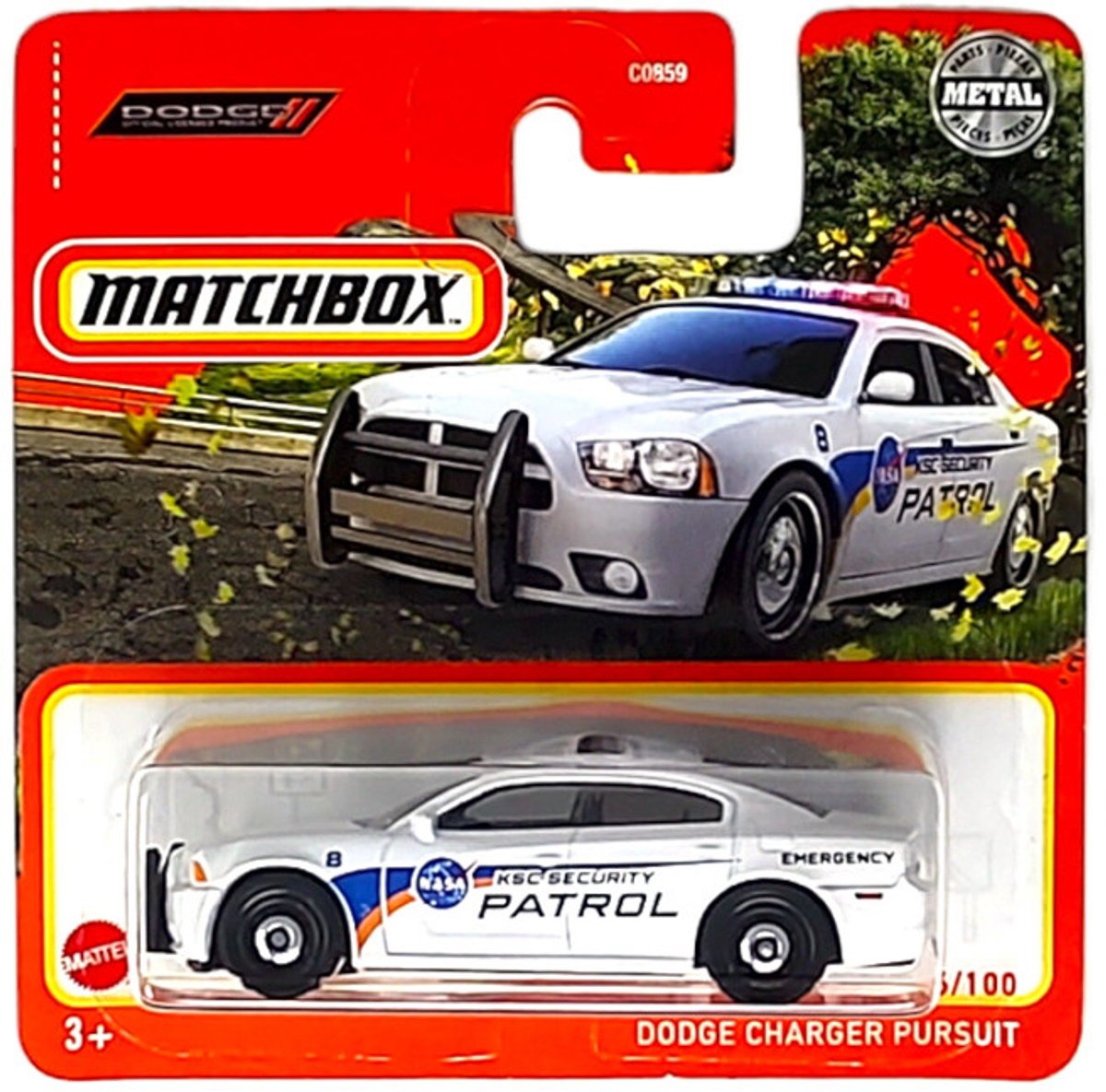 MATCHBOX DODGE CHARGER PURCUIT NASA KSC SECURITY PATROL METAL CAR EMERGENCY WHITE 1:64 86/100 SHORT CARD