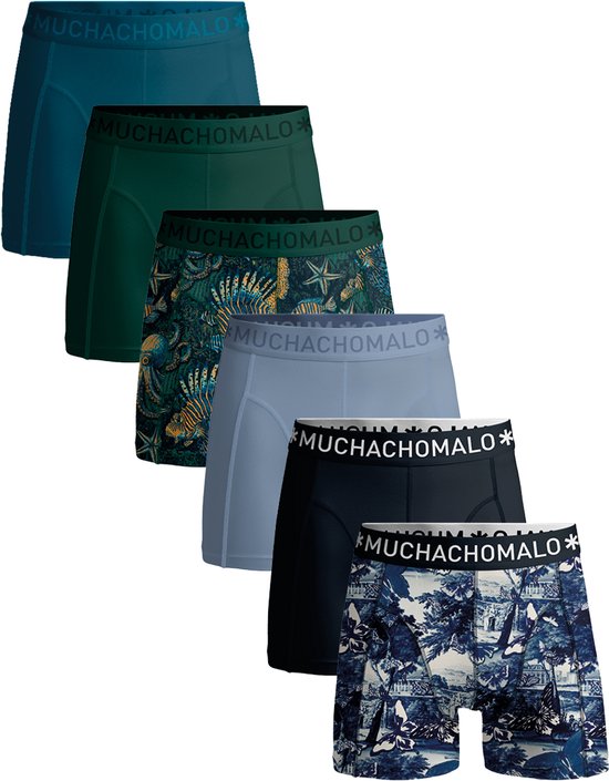 Set van zes Muchachomalo boxershorts in diverse kleuren en prints, waaronder blauw met kaartpatroon.
