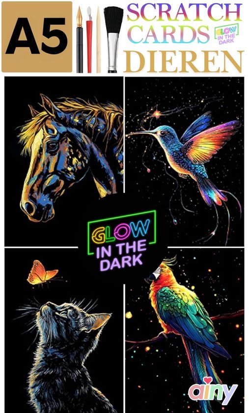 Ainy - Glow in the Dark Scratch Art Dieren (A5) | 4 krastekeningen incl kraspen | Kras tekeningen | Schilderen op kleuren kunst kraskaart | hobby & creatief voor volwassenen en kinderen ( meisjes ) | Knutselen - DIY ontspanningspakket