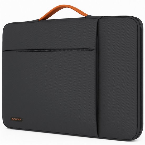Zwarte laptophoes van Sounix met een oranje handvat en een voorvak, op een witte achtergrond.