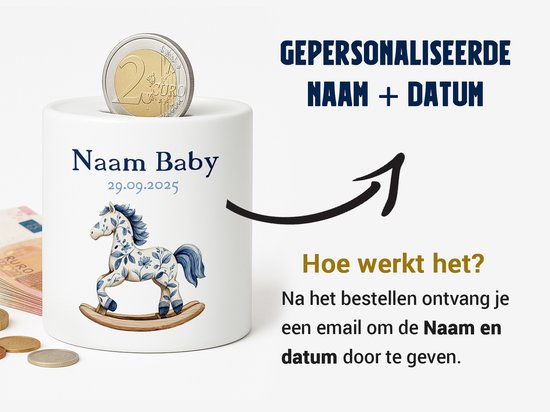 Gepersonaliseerde Baby Spaarpot - Met Naam en Geboortedatum - Blauwe Hobbelpaard van Merkloos — afbeelding 2