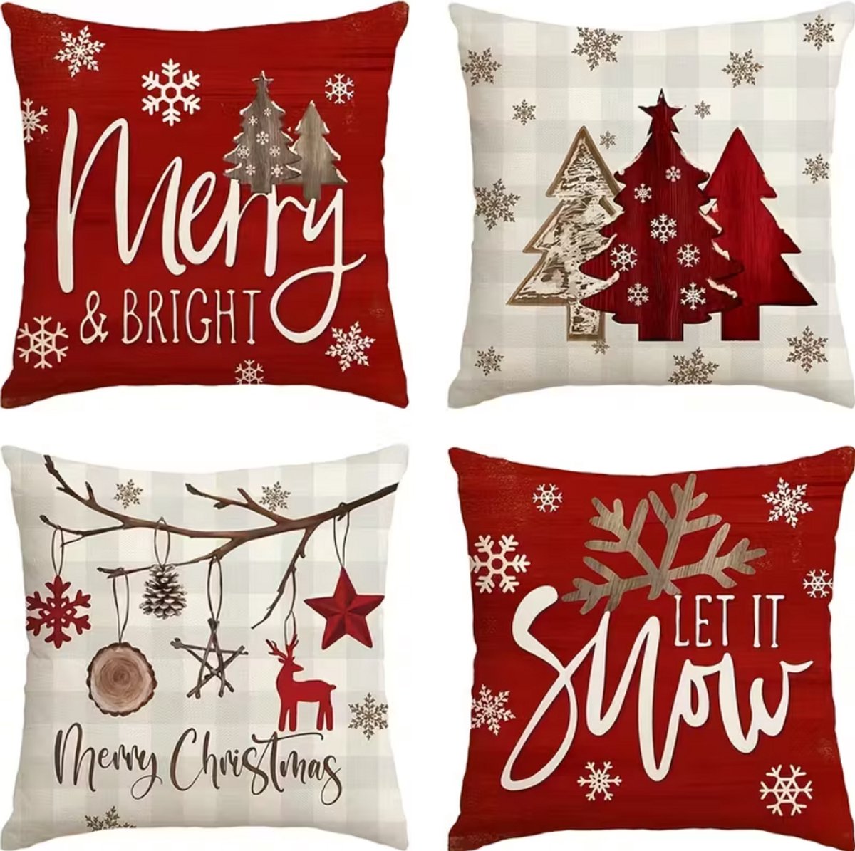 Set van 4 kussenhoezen - 45x45 cm - Kerst - Rood Wit