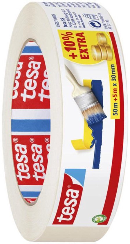 Un rouleau de ruban de masquage Tesa avec des logos Tesa rouges et bleus. Le rouleau montre un pinceau et une surface peinte.