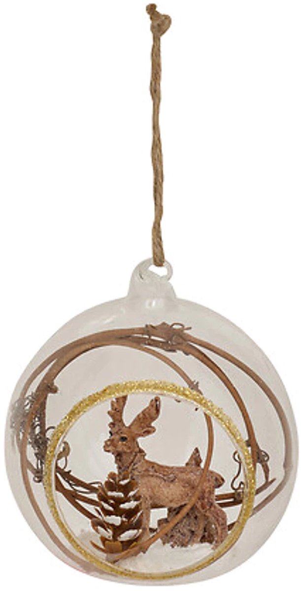 Glazen kerstbal met 3D rendier , takken en dennenappel met goudkleurig randje voor in de kerstboom Ø9cm + ophanglus
