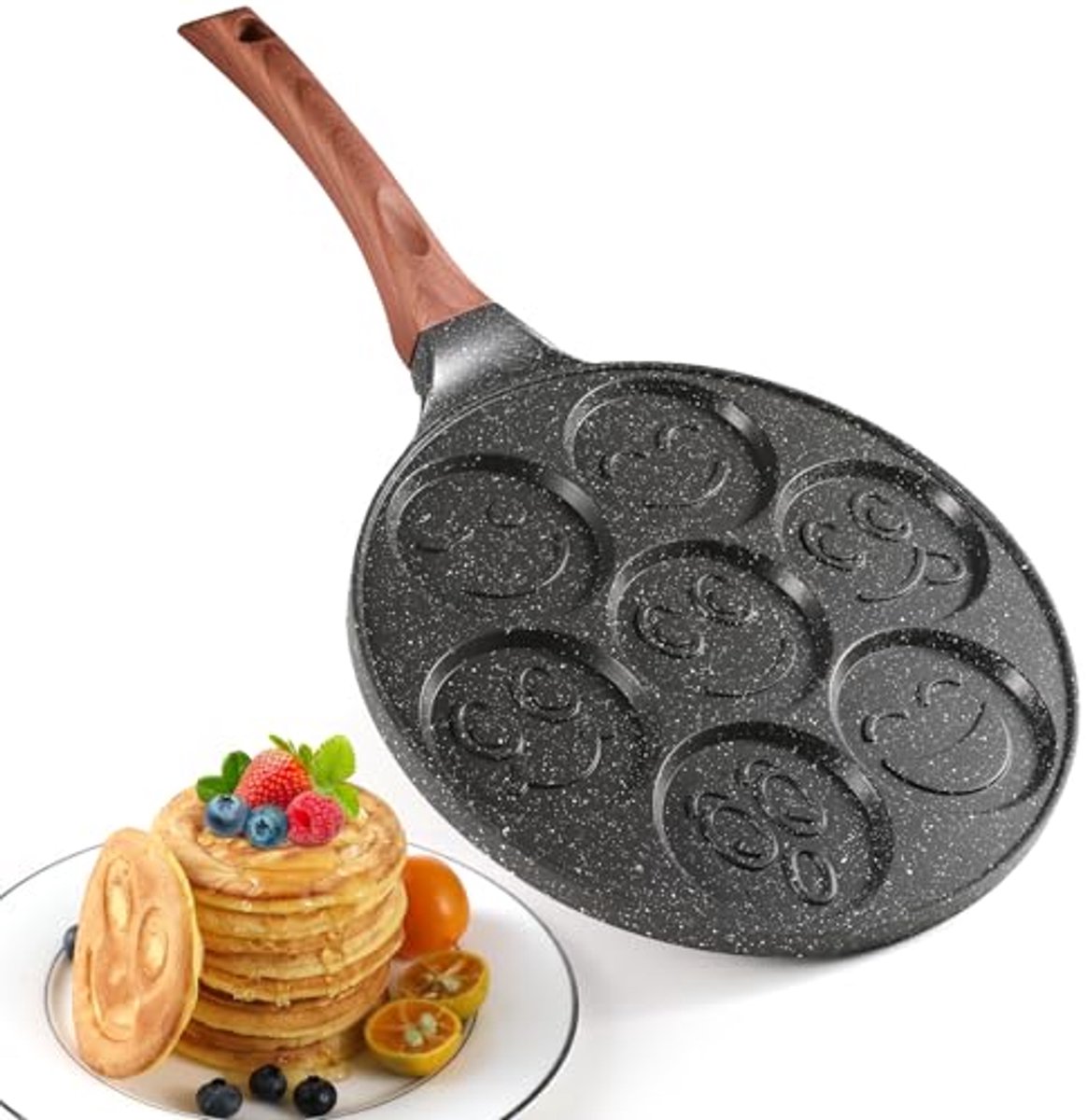 Pannenkoekenpan met Smiley Gezicht 7 Holtes Anti-aanbak Crêpepan voor Kinderen en Feestjes