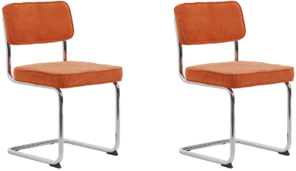 LevaLeva Rupert eetkamerstoel set van 2 - rib stof - oranje - buisframe - chroom