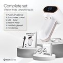 Complete set pluizenverwijderaar: apparaat, borstel, USB-kabel, mesjes en handleiding.