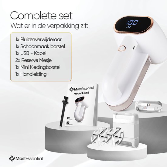 Complete set pluizenverwijderaar: apparaat, borstel, USB-kabel, mesjes en handleiding.