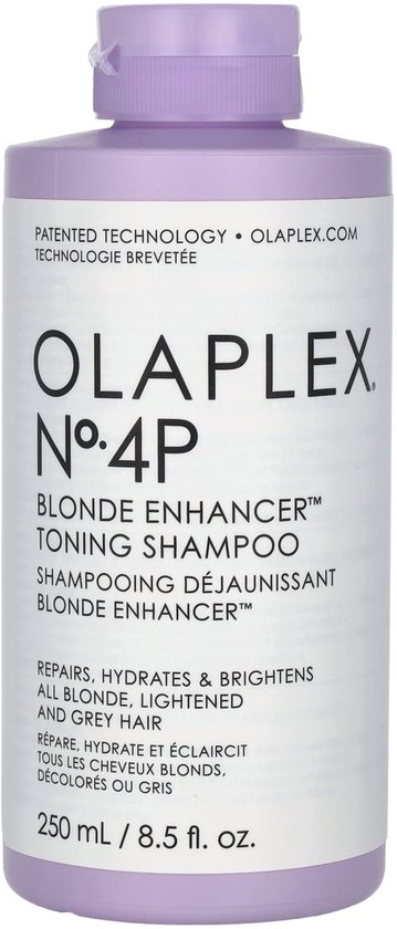 Fles Olaplex No.4P Blonde Enhancer Toning Shampoo in het Frans en Engels, 250 ml, met paarse dop.