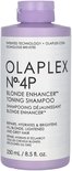 Fles Olaplex No.4P Blonde Enhancer Toning Shampoo in het Frans en Engels, 250 ml, met paarse dop.
