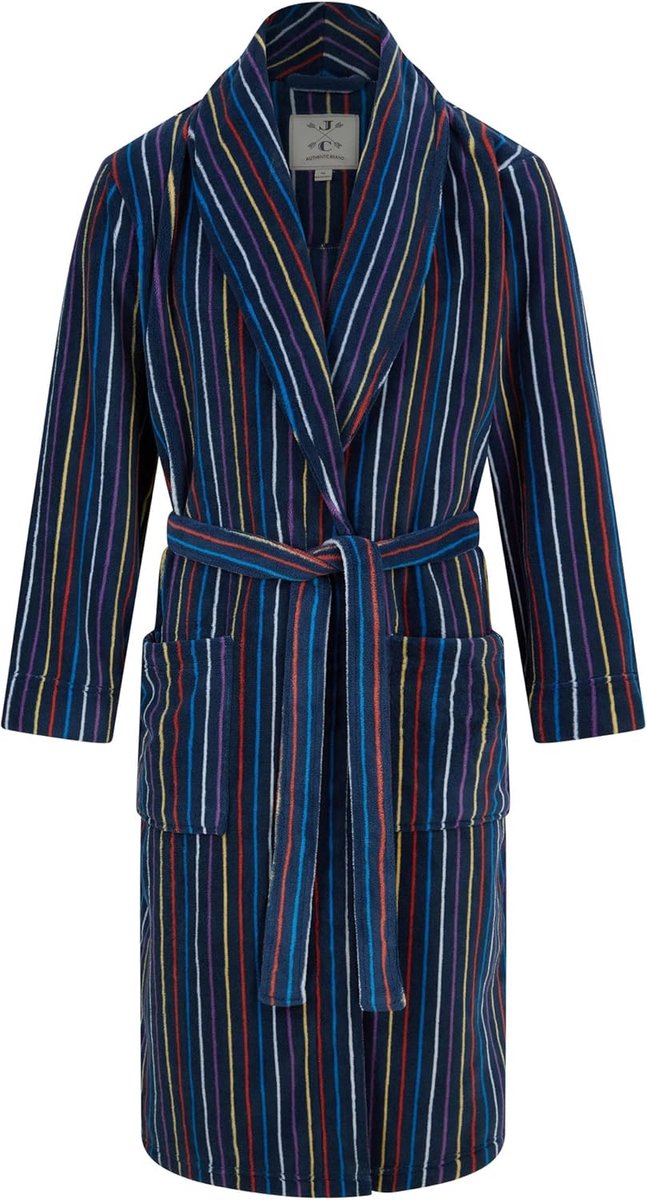 Warme fleece ochtendjas voor heren - marineblauw met veelkleurige strepen