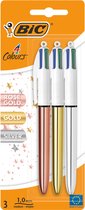 BIC 4 Kleuren Shine Balpen - Pen met 4 Kleuren - Medium Punt 1,0 mm - 3 Stuks