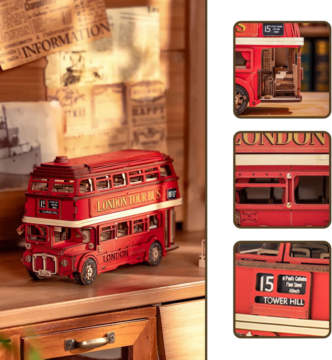Robotime Rolife London Tour Bus TGM02 - Knutselen - Londen bus - DIY - Houten bouwpakket - Volwassenen - Creatief - Voertuigen — afbeelding 2