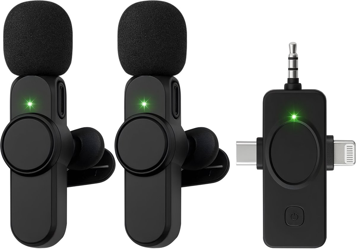 Nuvance - Draadloze Microfoon - 2 Stuks - Geschikt voor Jack 3.5mm USB-C en Lightning - Dasspeld Microfoon - Lavalier Microfoon Draadloos - Microfoons - Plug & Play