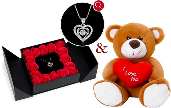 Coffret Cadeau Fleurs & Roses Collier Ours & Hartjes | Collier Dames |Boîte à bijoux | Femme | Petite amie | Mère | Fille | Anniversaire | Cadeau | Coffret cadeau Femme | Boîte à bijoux | Pétales de rose |