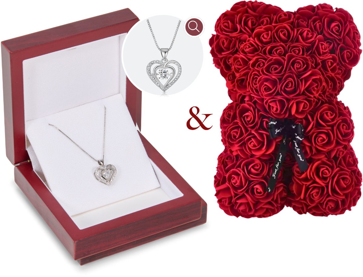 Houten LED & Rozenbeer & Silverplated Hartjes Ketting | Ketting Dames |Sieradendoos | Vrouw | Vriendin | Moeder | Dochter | Verjaardag | Cadeau | Geschenkset Vrouwen | Juwelendoos | Rozenblaadjes | Geschenkdoos |